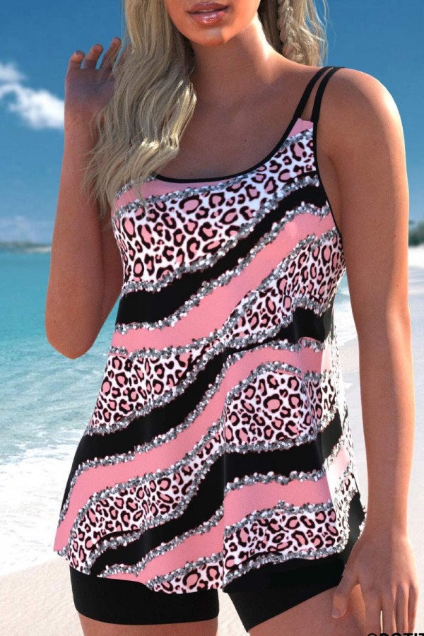 Pink and black color-blocked diagonal striped swimsuit