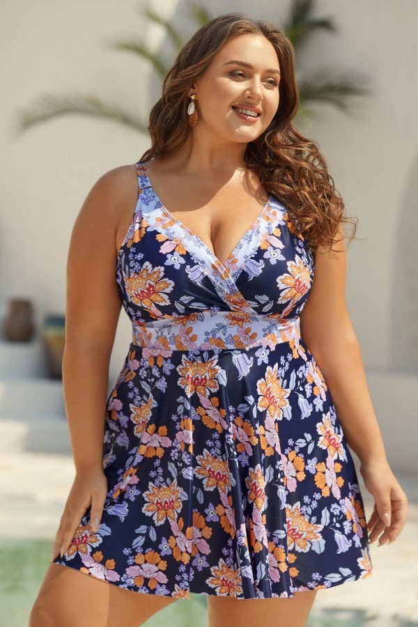 Floral Print Surplice Neck Swim Dress