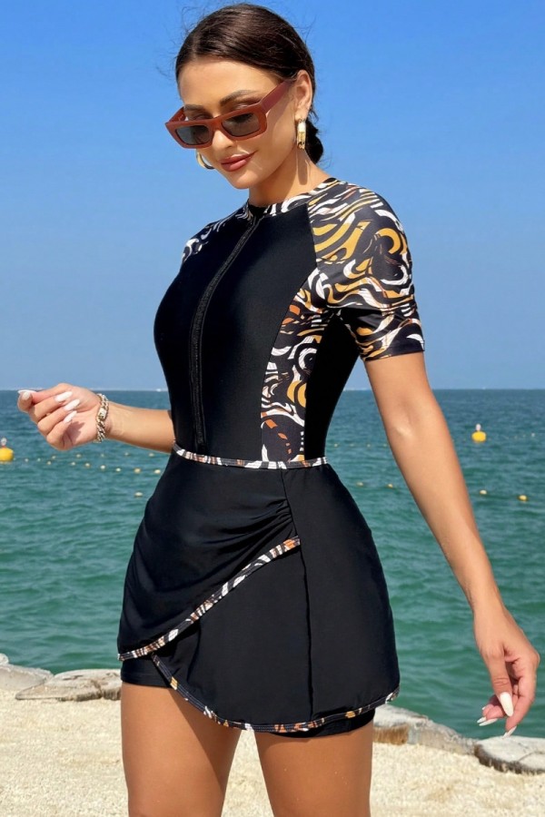 Black Sleeved Printed Tankini