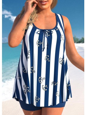 Striped Navy Blue Bowknot Plus Size Tankini Set