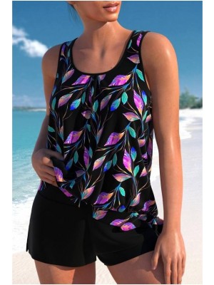 Asymmetry Black Leaf Print High Waisted Tankini Set