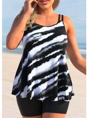 Tie Dye Print Plus Size Color Block Tankini Set