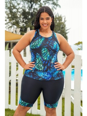 Cyan Palm Scoop Neck Raceback Plus Size Tankini Set