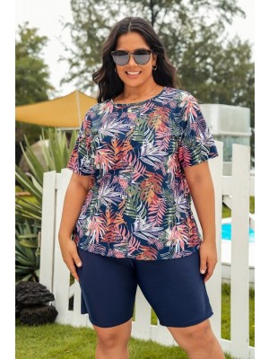 Multi Color Leaf Print High Neck Short Sleeves Plus SizeTankini Set