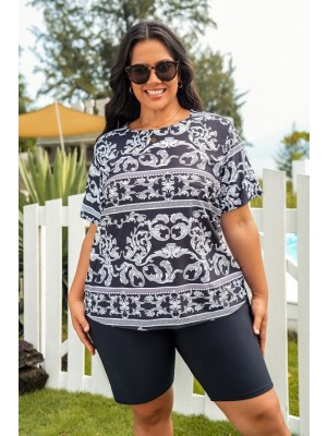 High Neck Short Sleeves Vintage Women Plus Size Tankini Set