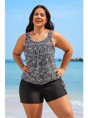 Plus Size Black And White Plants Print Side Tie Tankini Set