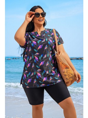 Black Leafy Short-Sleeved Casual Tankini Set