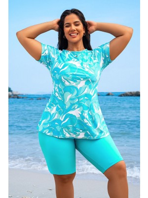 Blue Round Neck Short-Sleeved Tankini Set