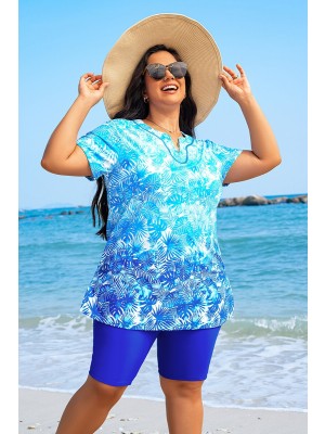 Blue Leafy Short-Sleeved Tankini Set