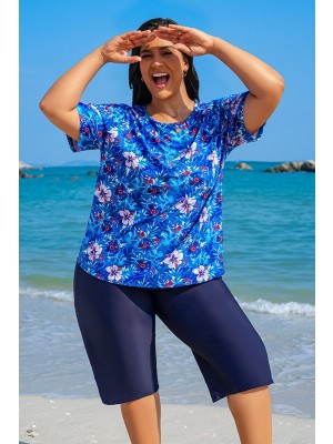 Blue Floral Short-Sleeved Tankini Set