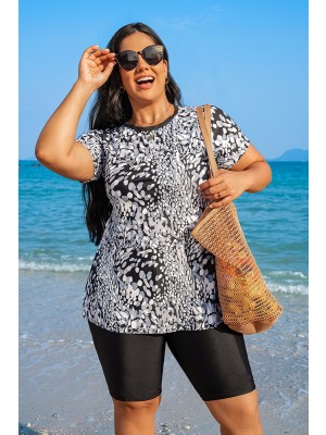 White Dot Print Round Neck Short Sleeve Plus Size Tankini Set