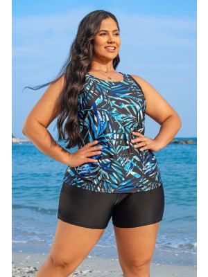 Blue Painterly Leaves Print Fashion Racerback Plus Size Tankini Set