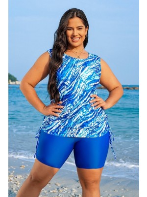 Blue Watercolor Stripe Print Scoop Neck Thick Strap Plus Size Tankini Set