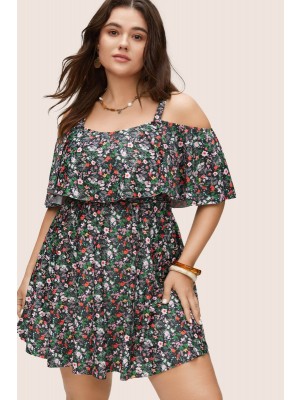 Floral off-shoulder swim dress with ruffle hem