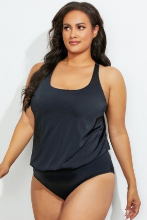 Black Scoop Neck Racerback Blouson Tankini Set