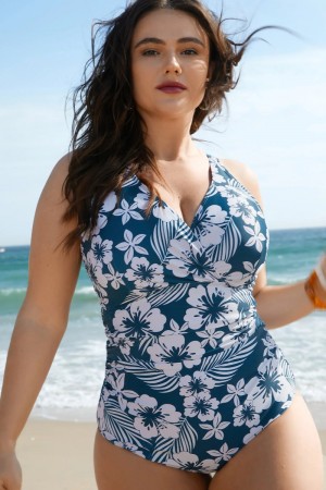 Blue vintage floral print one-piece swimsuit