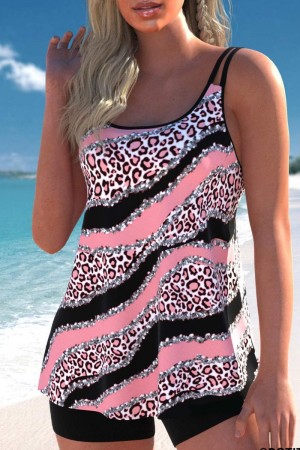 Pink and black color-blocked diagonal striped swimsuit