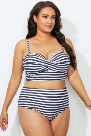 Striped Sweetheart Neckline Twist Bikini Set