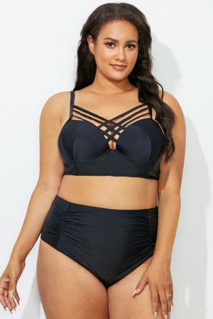 Black Strappy Neck High Waist Bikini Set