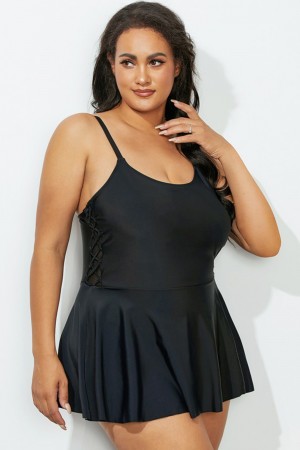 Black Side Tie Peplum Swimdress
