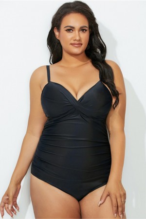 Black Twist Front Sweetheart Neckline One Piece Swimsuit