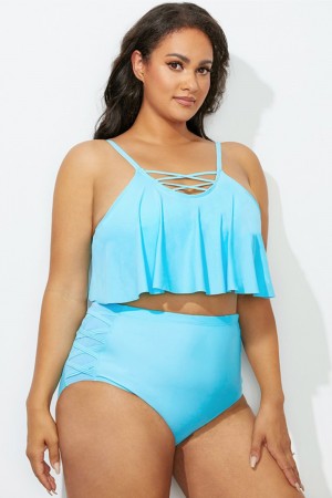 Mint Strappy Neckline Flounce Bikini Set