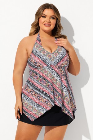 Red Geometric Print Halter Strap V Neck Hanky Hem Plus Size Swimdress