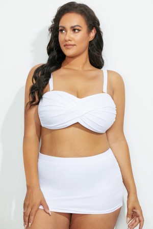 White Twist Front Bikini Top With Skirt