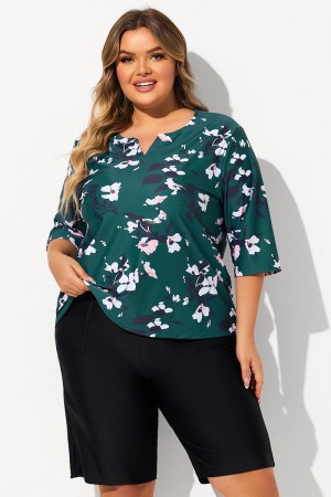 Green Floral Print V Neck Half Sleeve Plus Size Tankini Set