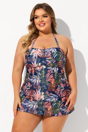 Red Tropical Leaf Print Bandeau Halter Strap Plus Size Tankini Set