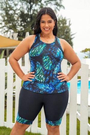 Cyan Palm Scoop Neck Raceback Plus Size Tankini Set