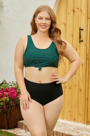 Green Square Neck Wide Straps Bikini Top And Black HighWaist Bottom