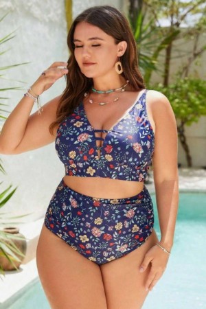 Purple floral printed ruffled bikini set