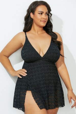 Black Crochet Side Slit V-Neck One-Piece Swimsuit