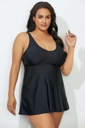 Black Scoop Neck Blouson Tankini Set