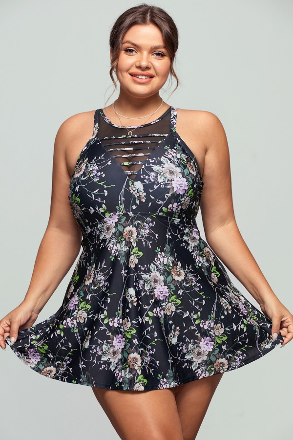 Floral Green Strappy High Neck Swim Tankini Set