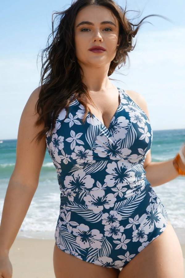 Blue vintage floral print one-piece swimsuit