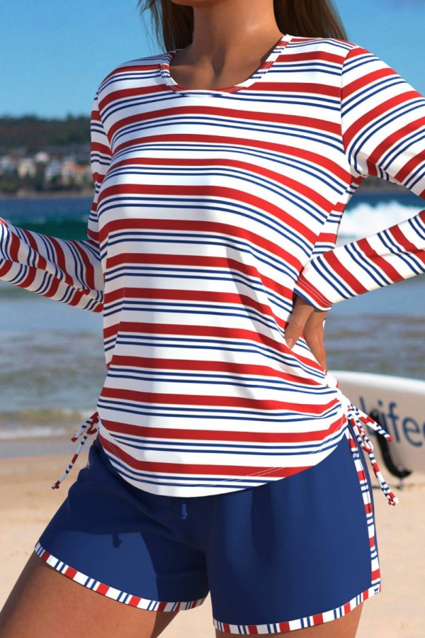 Red and white striped long-sleeve tankini swimsuit