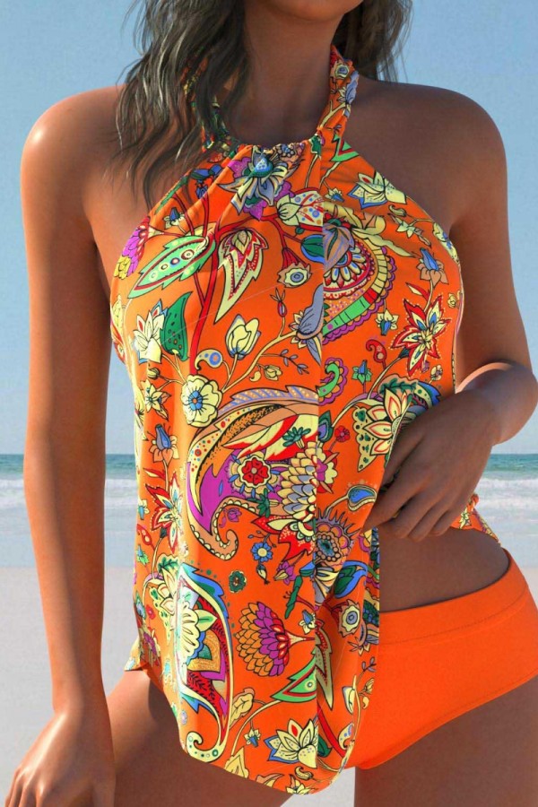 Bright orange abstract floral two-piece swimsuit