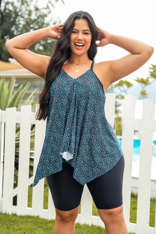 Blue Dot Print VNeck Thick Strap Plus Size Tankini Set