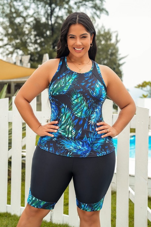 Cyan Palm Scoop Neck Raceback Plus Size Tankini Set