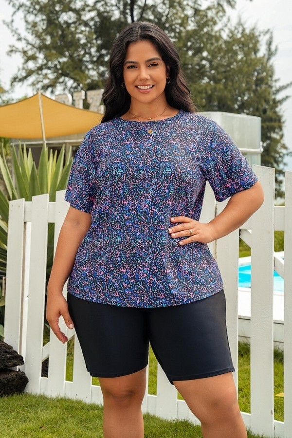 Geometric Print Short Sleeve High Neck Plus Size Tankini Set