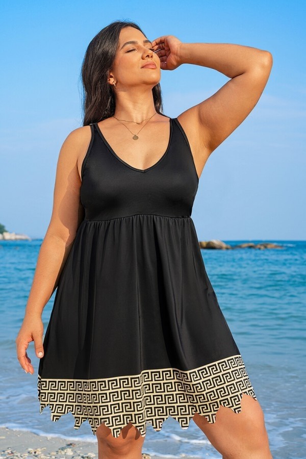 Black Gold Geometric Print Scoop Neck Thick Strap Plus Size Swimdress