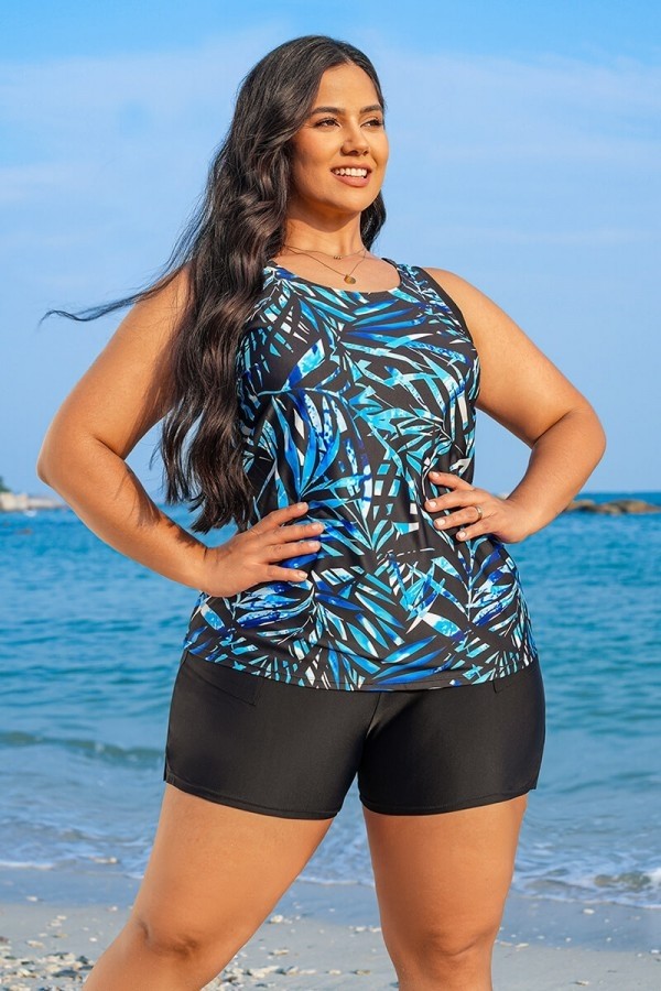 Blue Painterly Leaves Print Fashion Racerback Plus Size Tankini Set