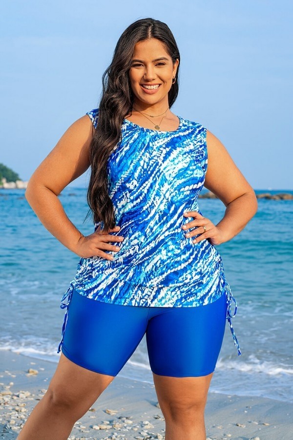 Blue Watercolor Stripe Print Scoop Neck Thick Strap Plus Size Tankini Set