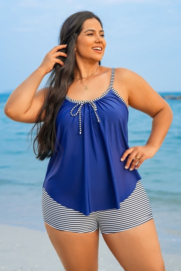 Navy Blue Bowknot Striped Women Plus Size Tankini Set