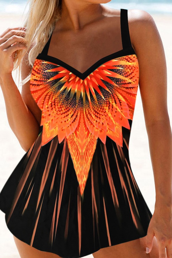 Wide Strap Printed Orange Swimdress and Panty