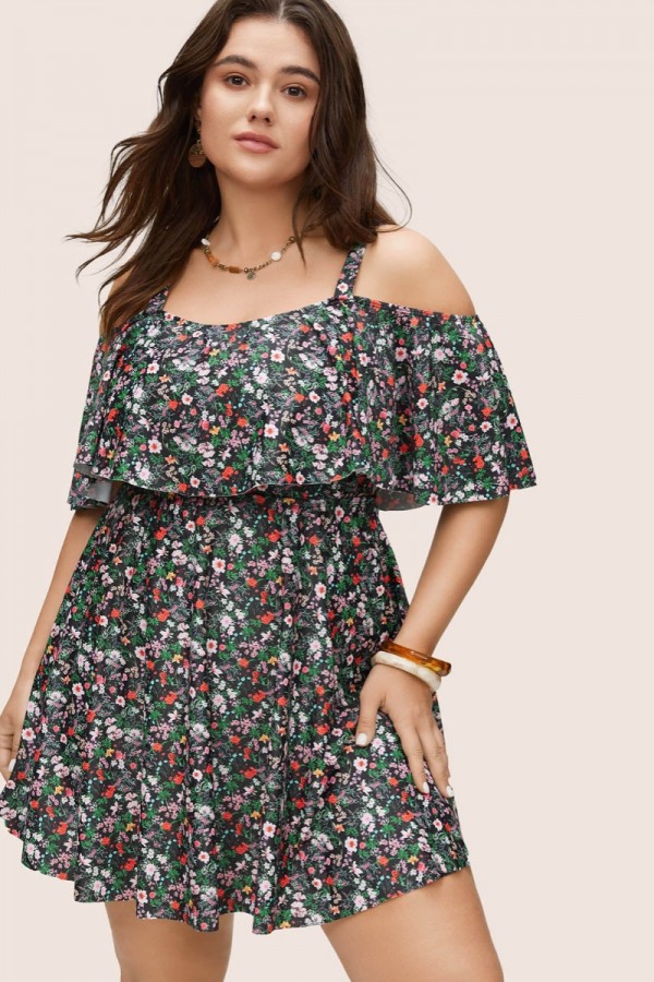 Floral off-shoulder swim dress with ruffle hem