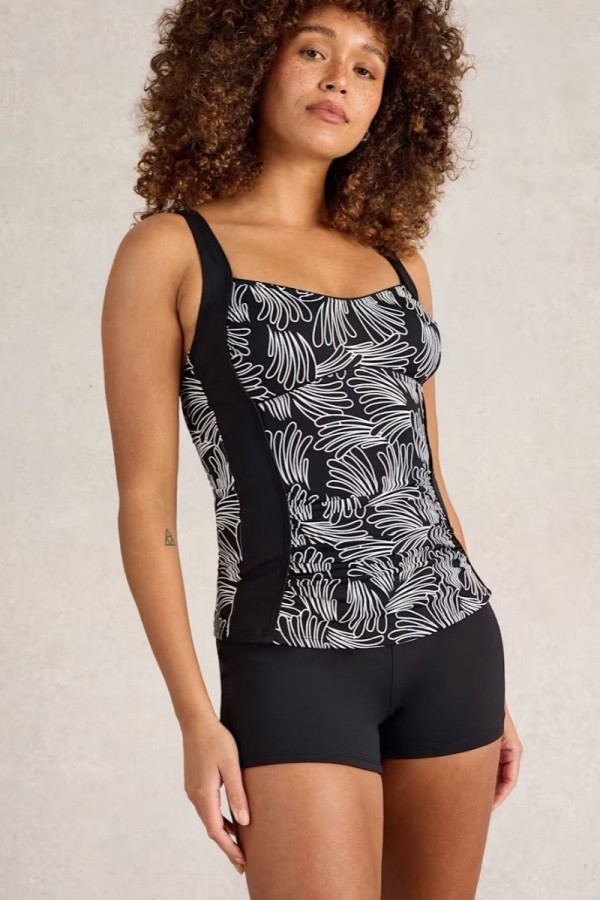 Black crew neck print panelled design tankini swimsuit