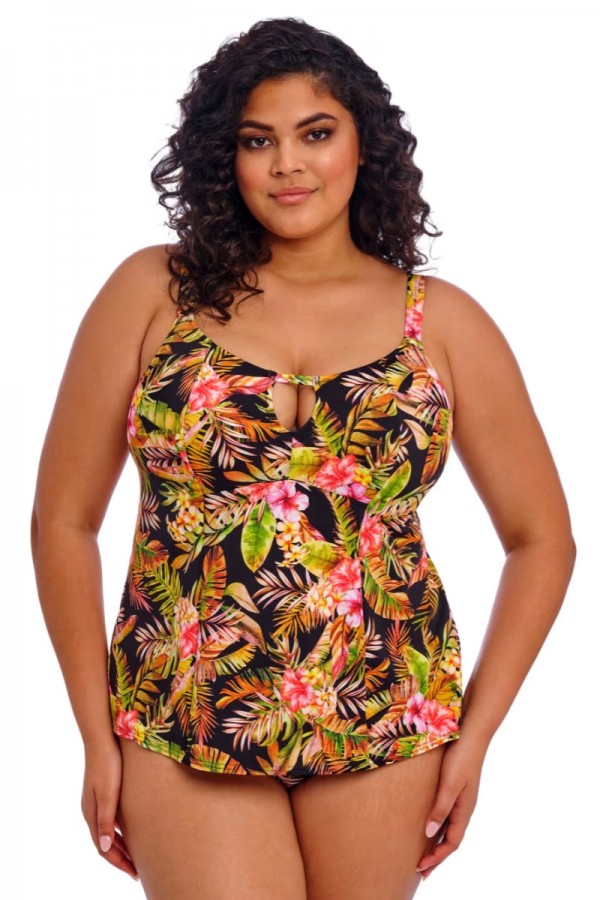 Brown tropical floral print swim dress